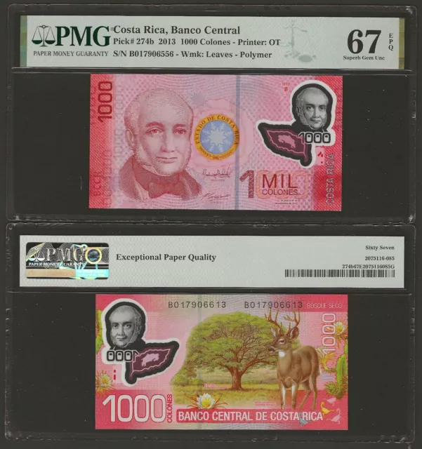 COSTA RICA 1000 Colones 2013 (2017), P-274b, PMG 67 EPQ Superb Gem UNC, Polymer
