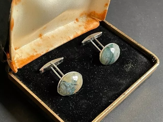 Beautiful Vintage Moss Agate Cufflinks, oval Stone, Silver Tone mount boxed