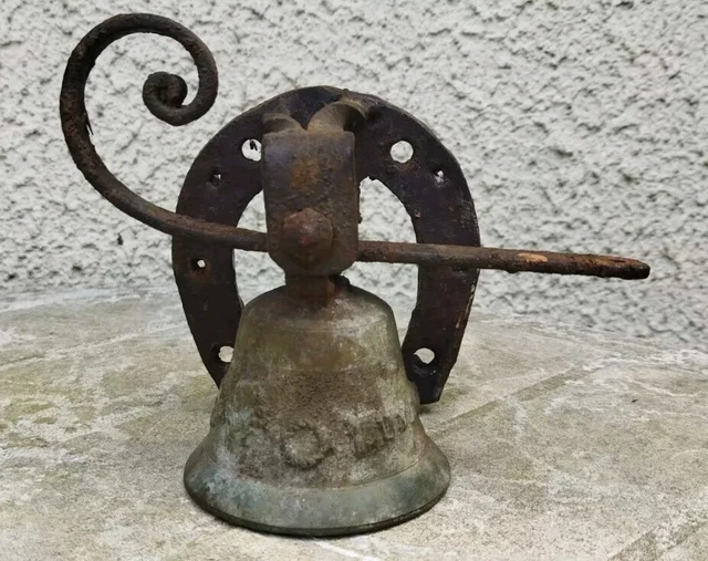 ANCIENNE CLOCHE PORTE DENTREE BRONZE & SUPPORT RESSORT SONNETTE EXTERIEUR D Argenté - Vendu