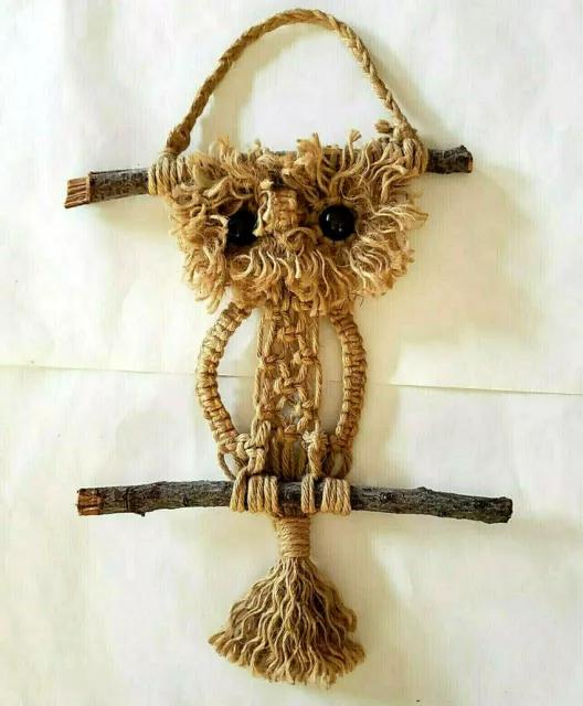 Vintage Macrame Owl Wall Hanging Decor Mid-Century 1970s Boho Wood Eyes