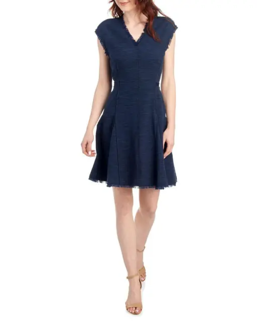 💙 REBECCA TAYLOR Navy Blue V-Neck Fringe Raw Edge Trim Tweed Fit Flare Dress 4