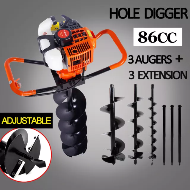 NEW 86cc Post Hole Digger Earth Auger Petrol Drill Bits Fence Borer Professional 2