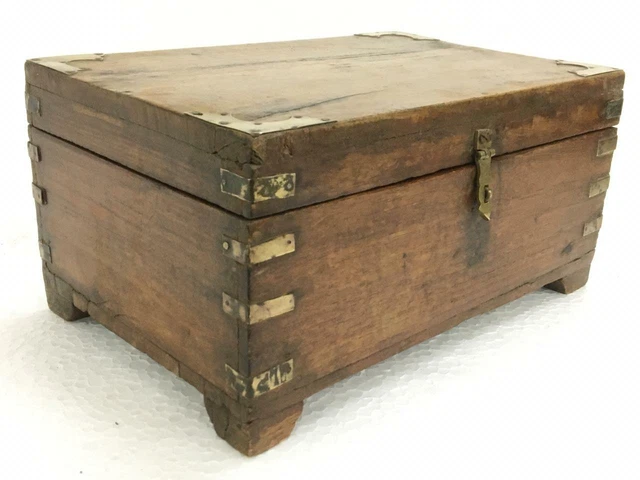 Old Vintage Rare Handmade Brass Fitted 5 Compartment Wooden Cash / Jewelry Box
