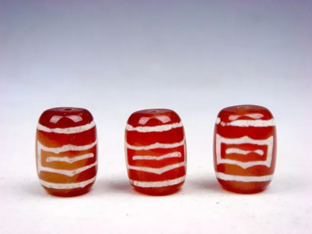 Set Of 3 Old Tibetan Agate Cinnabar Flying Birds Pattern Dzi Beads #05192203R