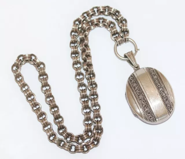 Antique Victorian Sterling Silver Oval Locket On Book Chain Necklace c.1890