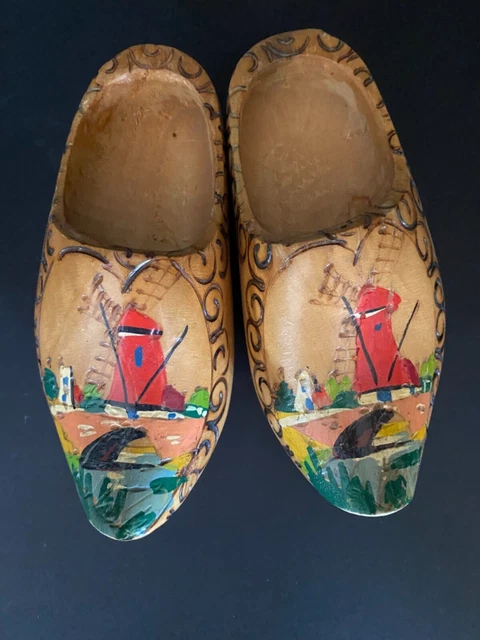 Vintage Pair Wooden Dutch Holland Clogs Hand Carved and Painted Shoes