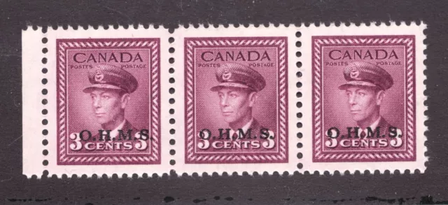 1949 - #O3i Strip of 3 / O.H.M.S. error - Canada King George VI War Issue cv$30