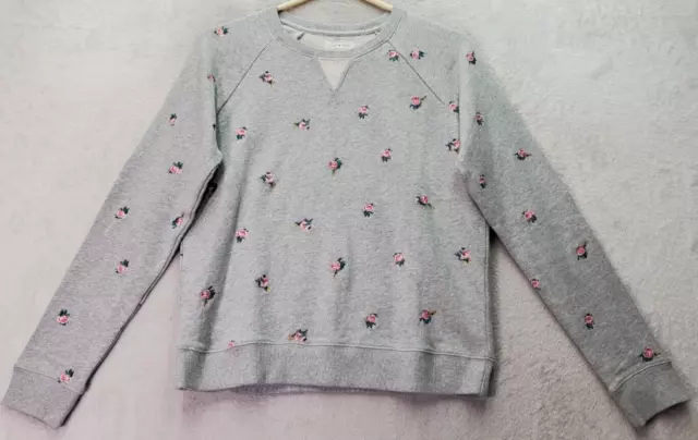 Lucky Brand Sweatshirt Womens XS Gray Embroidered Floral Long Sleeve Round Neck