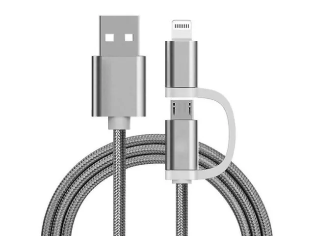 Reekin Ladekabel Kabel 2in1 Micro-USB auf Apple Silber-Nylon Handy  1 Meter