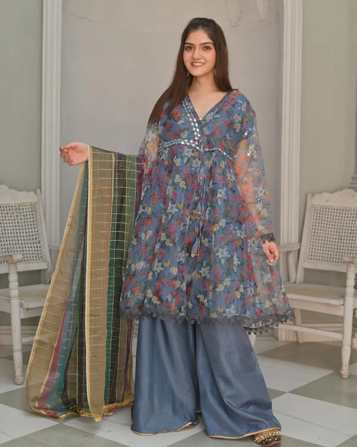 Tuta Pallazo Grigia Floreale Pallazo Ready Made Asiatiche Donna Organza Salwar Kameez