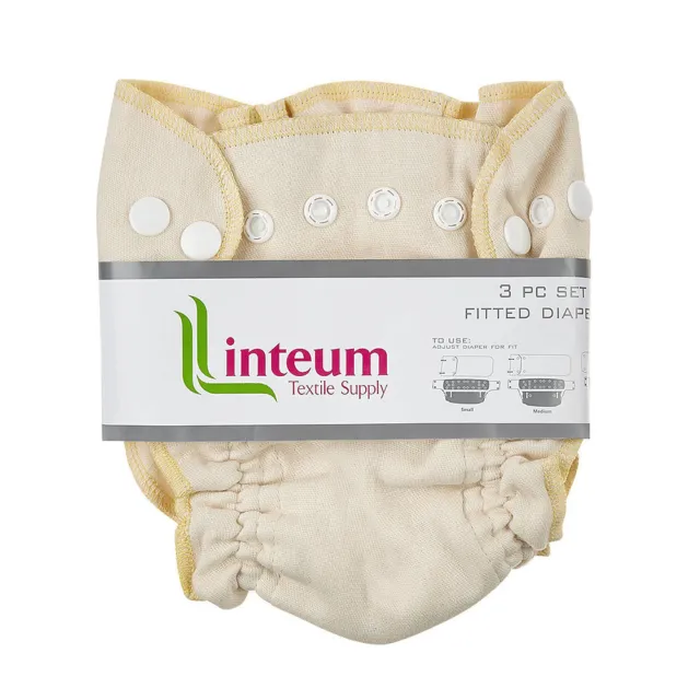 100% Organic Cotton Fitted Cloth Diapers with Snap Closures & Inserts - 3-Pack