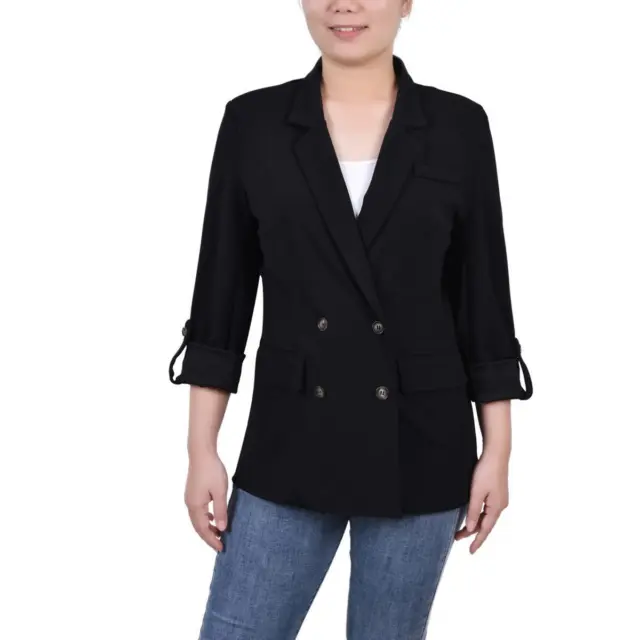 NY Collection Womens Black Knit Two-Button Blazer Jacket Petites PS BHFO 8007