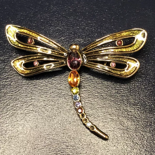 Signed Monet Multi Colored Rhinestone Enamel Dragonfly Fashion Brooch Lapel Pin