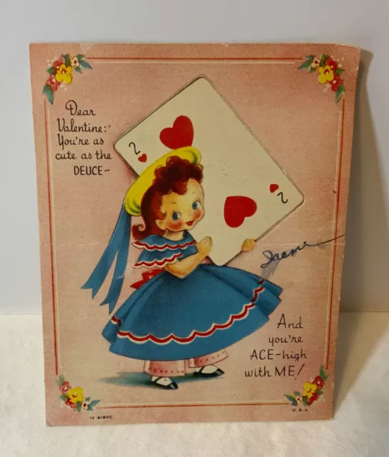 VTG DieCut Valentine Card Stand Up Pretty Girl Holding 2❤️ “Cute as the Deuce”