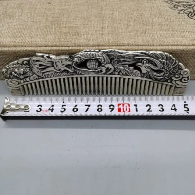 Old Chinese tibet silver handcarved Dragon Phoenix Comb statue f501