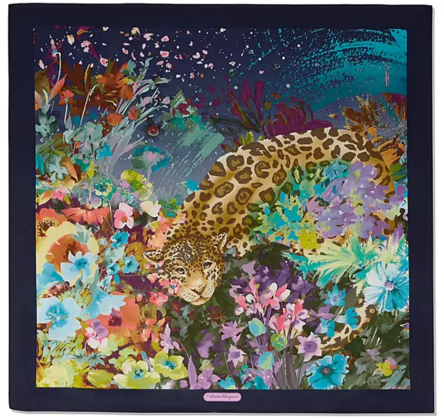 New Salvatore Ferragamo Scarf Animal Garden Blue Floral Unisex Silk Wrap