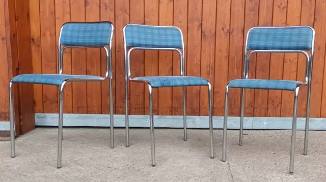 Silla Cromo de Comedor 70er Vintage Espacio Era Azul Apilable 1/3