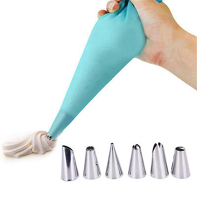 Silicone Cake Decor Icing Piping Cream Pastry Bag+6 Nozzle Set+Converter Too#km