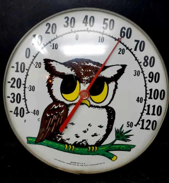 Jumbo Dial Owl Thermometer U.S.A. Ohio Thermometer Co Metal & Plastic Works Well