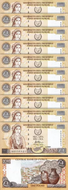 Cyprus 1 Pound 1-2- 2001, UNC, 10 Pcs LOT, Consecutive, P-60c