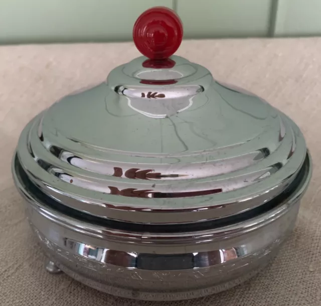 Vintage Faberware 3-Part Glass Relish Dish with Pewter Rose Etched Lid