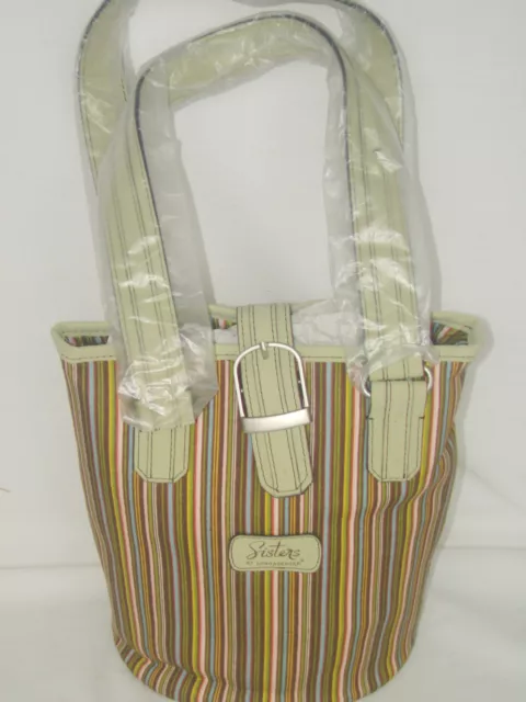 Longaberger Lime Green Bucket Purse Tote Leather Trim Sisters Stripe NEW