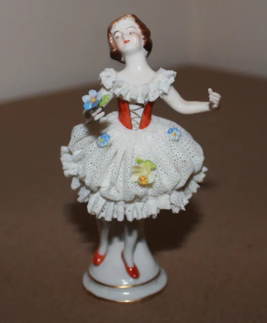 Antique Volkstedt Porcelain Figurine Dresden Lace Ballerina Dancer Floral Dress