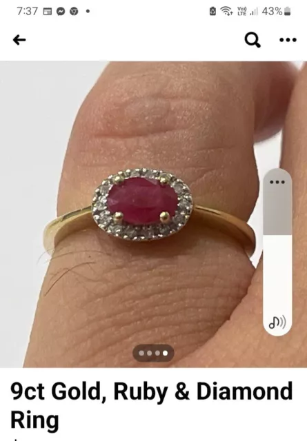 9ct Gold Genuine Ruby And Diamond Oval Halo Ring