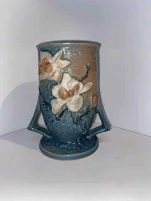 Vintage Roseville  Blue Vase Magnolia Double Handle 87-6 USA Pottery