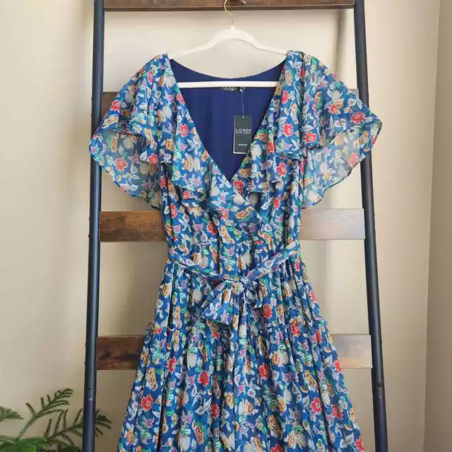 Lauren Ralph Lauren Women Navy Floral Tiered Georgette Maxi Summer Dress Size 2 3