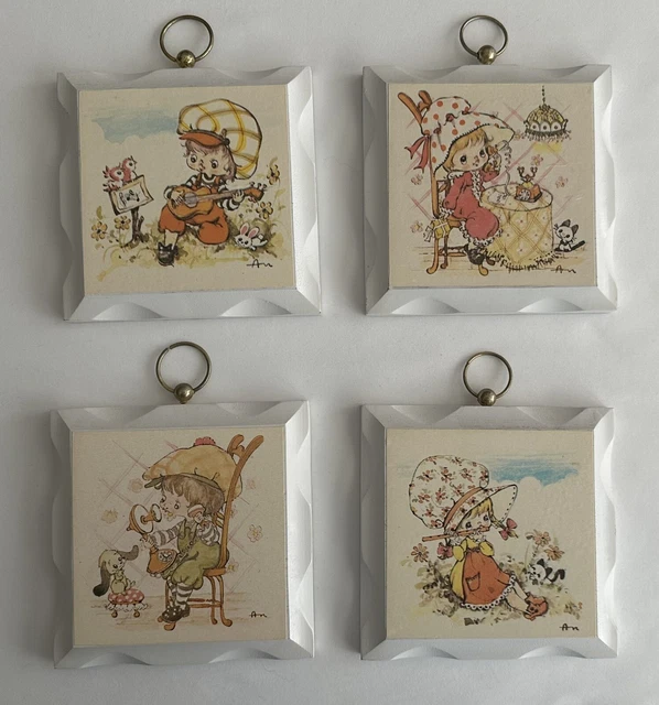 Wood Nursery Square Set Of 4 Wall Plaques Children Playing Homco Vintage 1970s