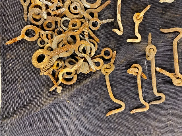Vintage lot Metal Door Latch Hooks Barn Gate Locks Eyelets Threaded Steel Catch 4