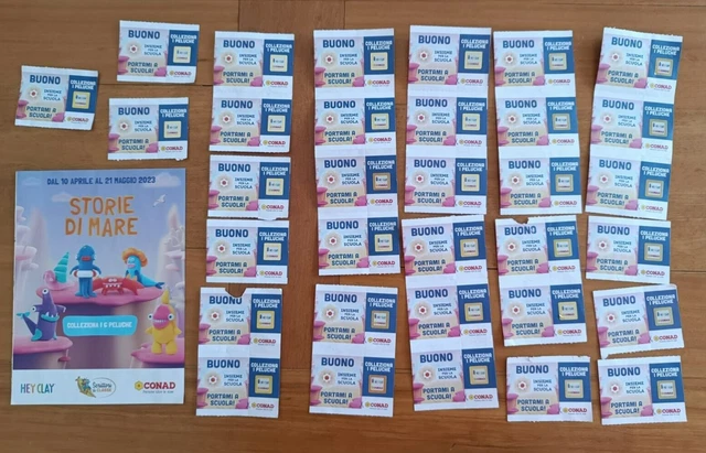 33 bollini + punto scuola per peluche - Hey Clay Conad storie di mare 2023 NUOVI