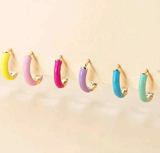 New On Trend Boho Enamel Gold Tone Small Hoop Earrings Many Colours Uk Seller