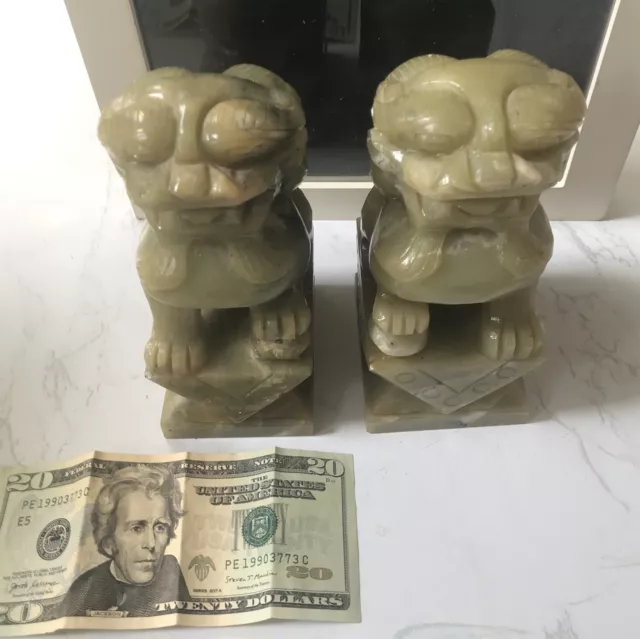 PAIR RARE🔥VINTAGE JADE  HAND CARVED STONE FOO DOGS MARBLE GREEN. Beautiful 2