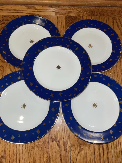 Set Of 5 Sakura GALAXY BLUE Salad/Dessert Plates 8" 14k Gold Fine Porcelain