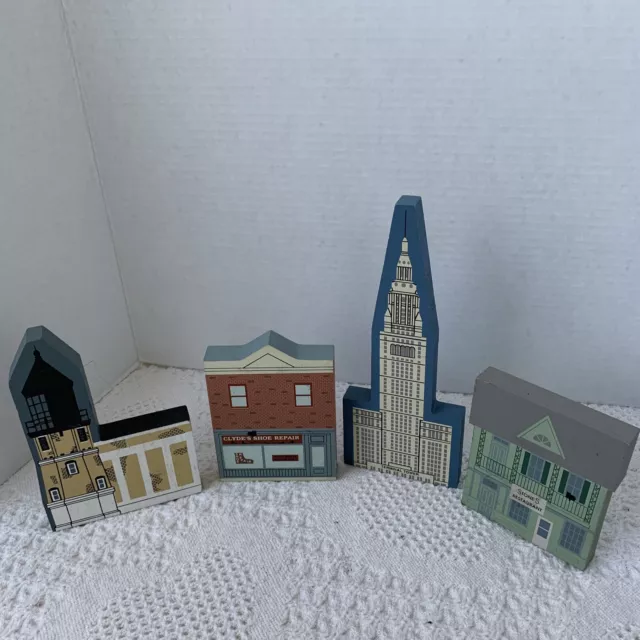 Cat's Meow VTG 90’s Lot of 4 Wood Hand Painted Shops Monuments Buildings Retired