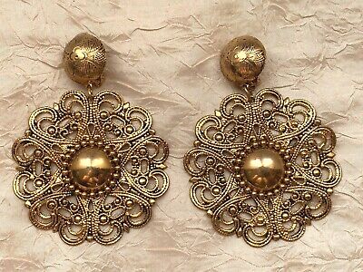Huge Vintage French Designer Clip-on Earrings pendant - Gilt metal, 8cm by 6cm