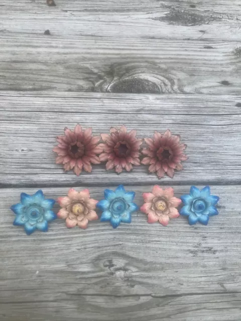 8 Vintage 1940’s Curtain Flower Floral Push Pins Metal Tie Backs Holdbacks