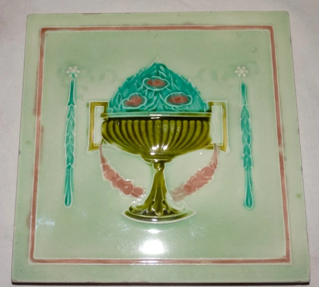 ANTIQUE MINTON ART NOUVEAU TUBLINE MAJOLICA TILE 6in x 6in, COLLECTIBLE c1890.