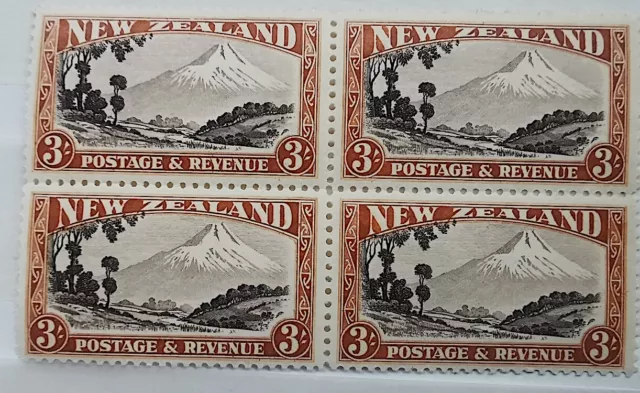 NEW ZEALAND 1941 3/- sg 590b MOUNT EGMONT BLOCK OF FOUR P12.5 (3 X STAMPS MNH)