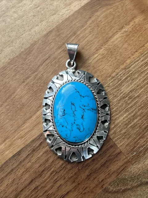 Large Vintage Signed TAXCO Mexico Sterling Silver Turquoise Pendant