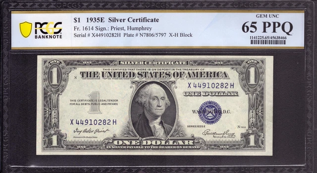 1935 E $1 Silver Certificate Note Fr.1614 Xh Block Pcgs B Gem Unc 65 Epq