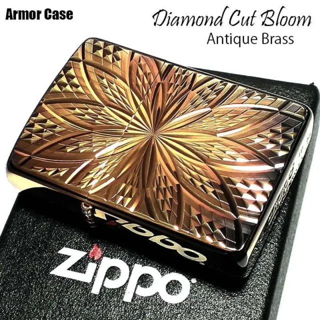 Zippo Oil Lighter Diamond Cut Bloom Antique Brass Etching Armor Case Japan New