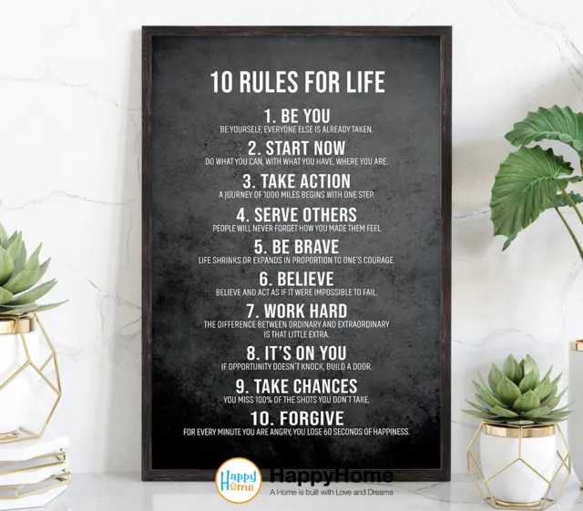 10 Rules for Life Motivational Inspirational Quote Wall Art Canvas Office Decor