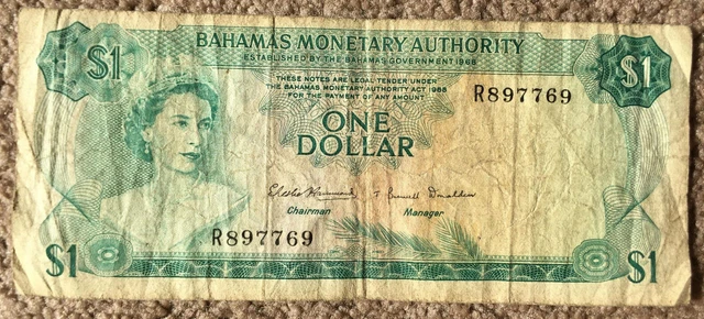 Bahamas Monetary Authority: $1 Dollar banknote in VG condition. QEII. R897769