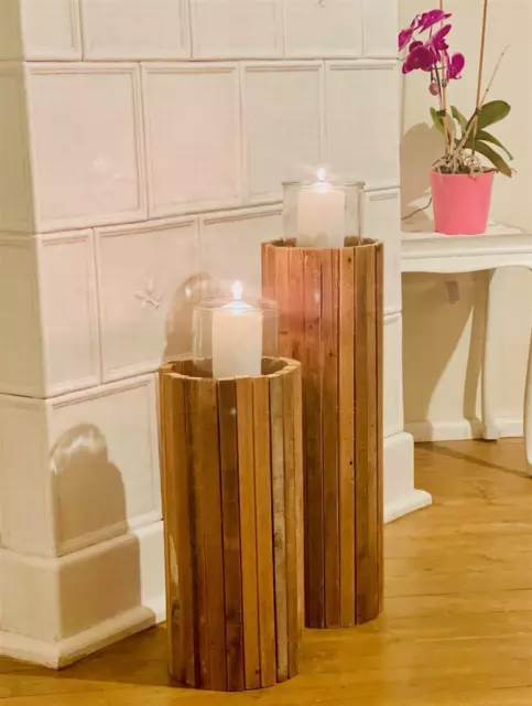 Windlicht Säule "Rustikal" aus recyceltem Holz, 63 cm hoch, Deko Kerzen Halter
