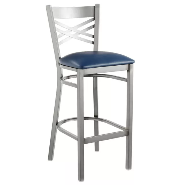 Cross Back Clear Coat Metal Restaurant Barstool With Navy Vinyl Padded Seat