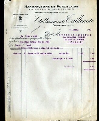 18 ART MENAGER "Ets TAILLEMITE" Lettre en 1947 VIERZON USINE de PORCELAINES 