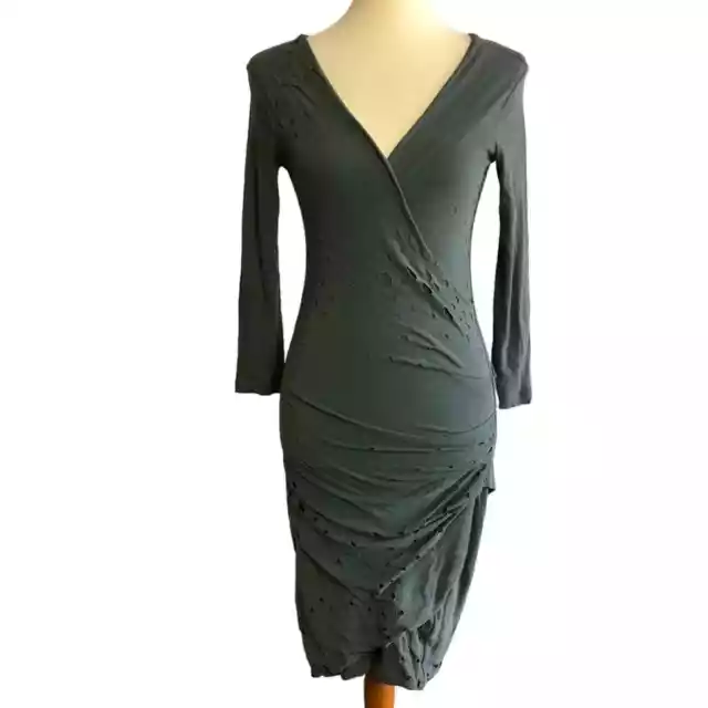 James Perse Tucked Faux Wrap Charcoal Grey 3/4 Sleeve Bodycon Distressed Dress 2